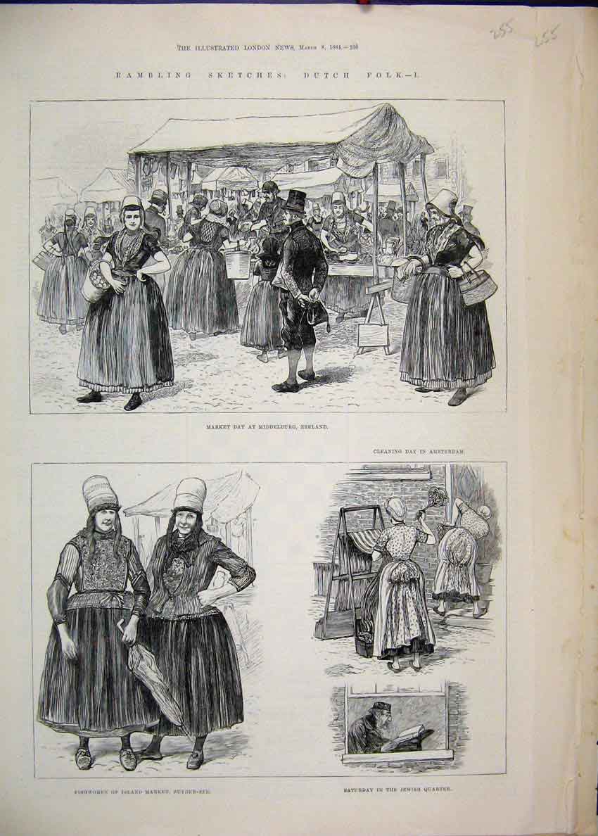 Original Old Antique Print 1884 Dutch Folk Market Middelburg Fishwomen Sketches