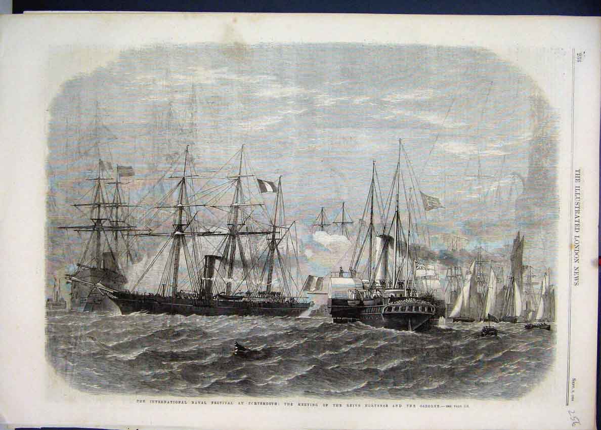 Original Old Antique Print 1865 Naval Festival Portsmouth Reine Hortense Osborne