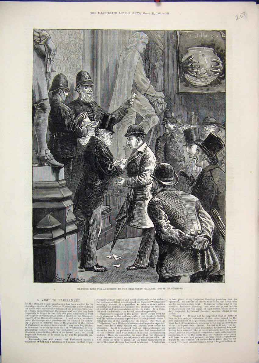Original Old Antique Print 1881 Admission Strangers Gallery House Commons 19th
