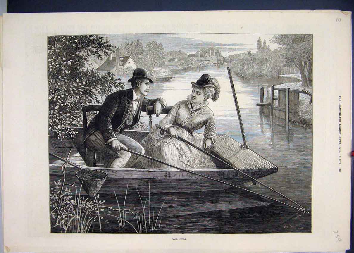 Original Old Antique Print 1874 Man Women Boat River Beautiful 19th