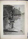 Original Old Antique Print 1884 Black Bass Fishing Lake Adirondacks New York