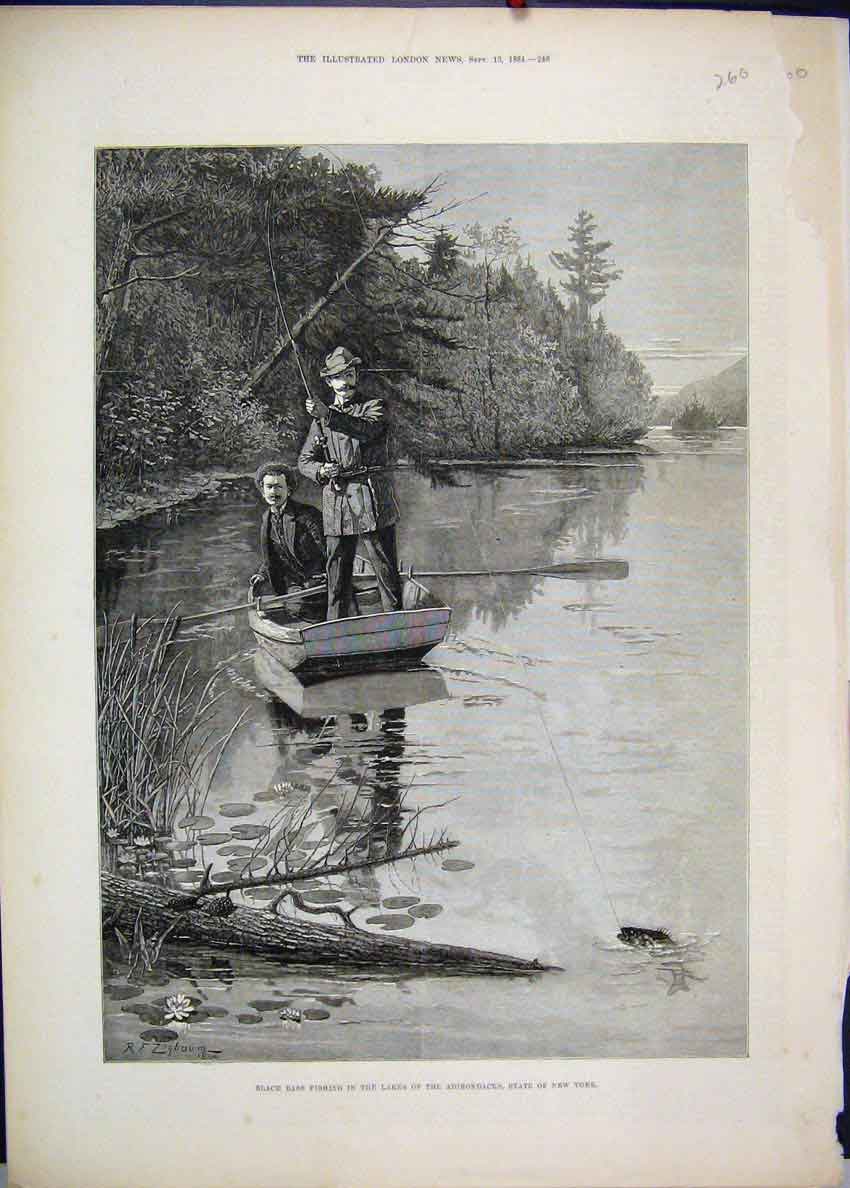 Original Old Antique Print 1884 Black Bass Fishing Lake Adirondacks New York