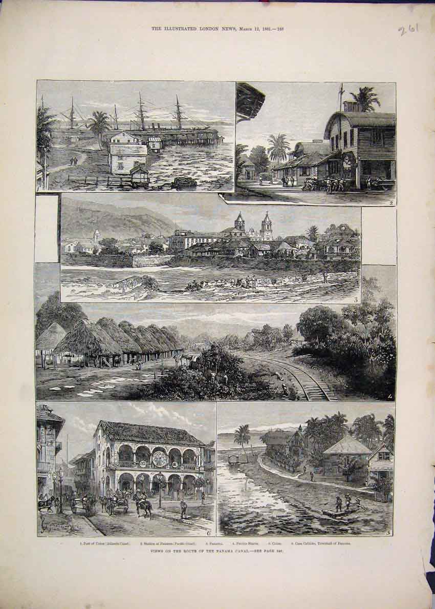 Original Old Antique Print 1881 Views Route Panama Canal Station Colon Cabildo
