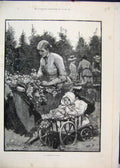 Original Old Antique Print 1884 Mother Baby Kentish Hop Garden Fine Art 19th