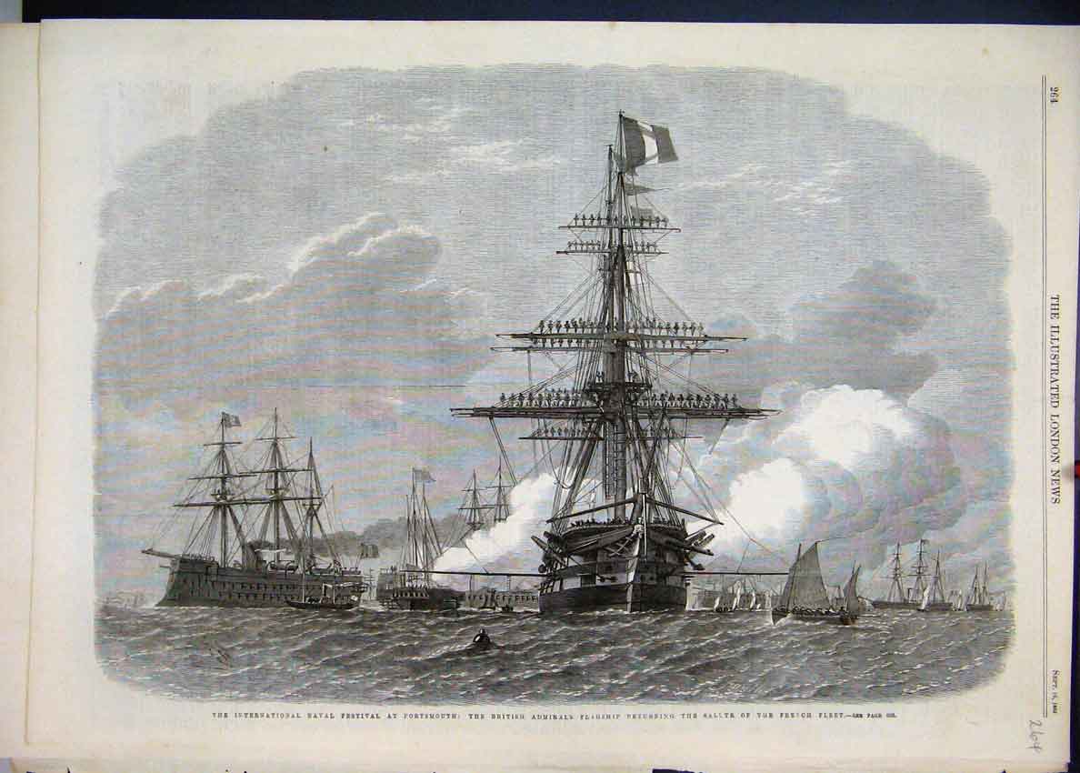 Old Antique Print 1865 Naval Festival Portsmouth British Flagship French 19th