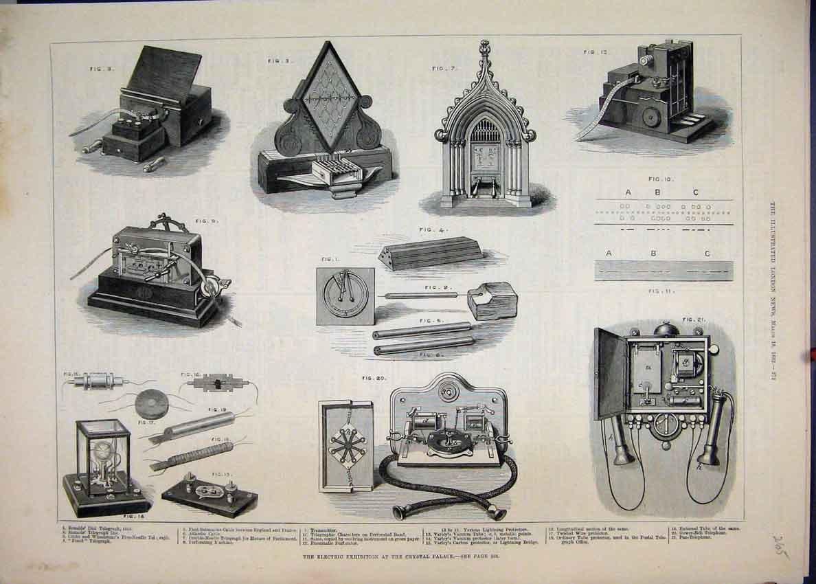 Original Old Antique Print 1882 Electric Exhibition Crystal Palace Transmitter
