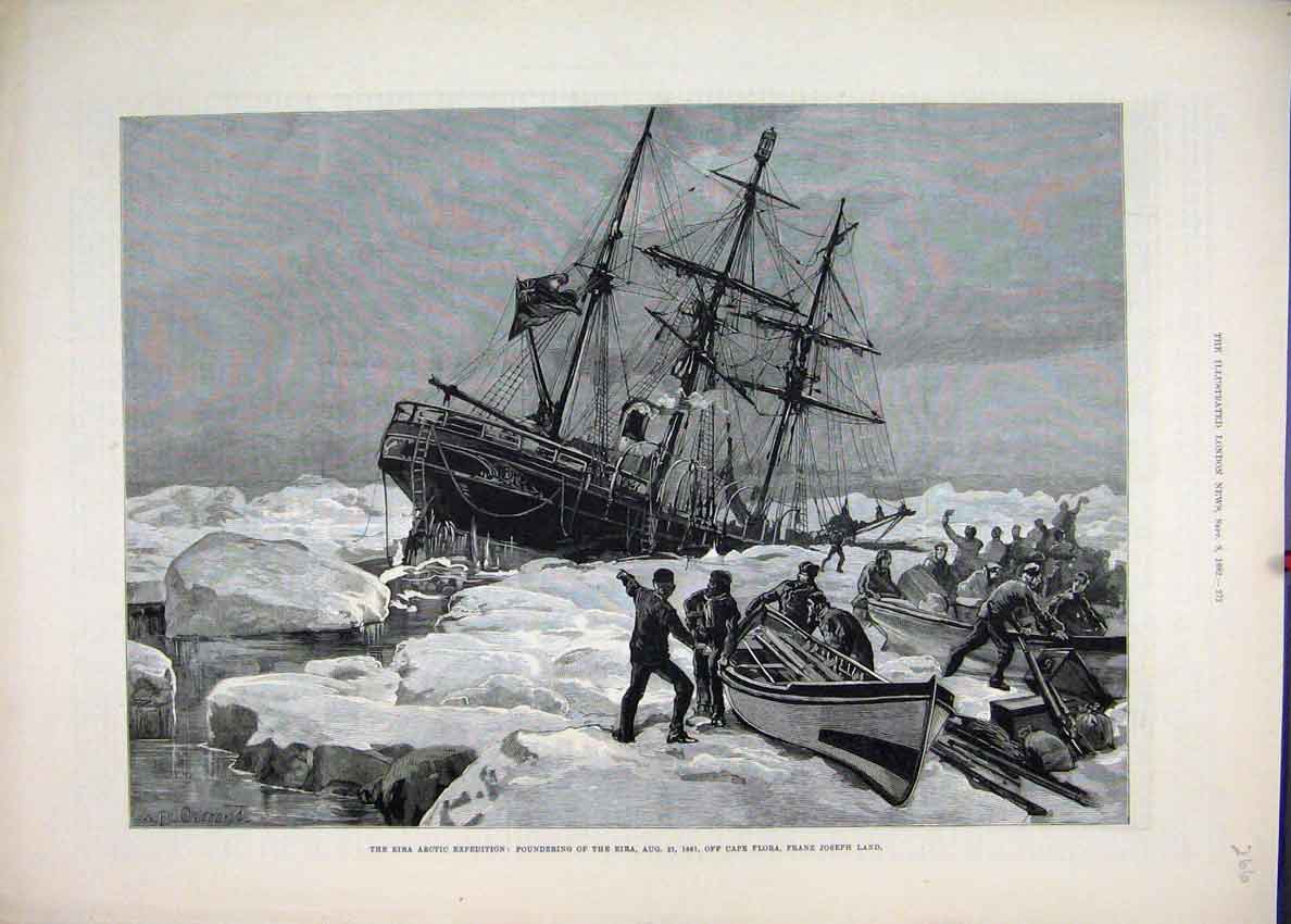 Original Old Antique Print 1882 Eira Arctic Expedition Cape Flora Franz Joseph
