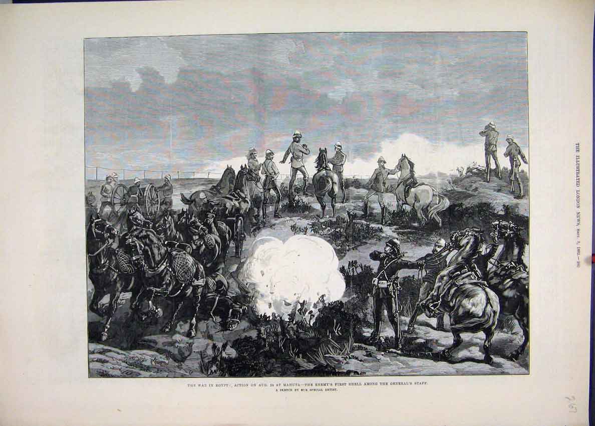 Old Antique Print 1882 War Egypt Mahuta Shell General Staff Horse Sketch 19th