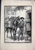 Original Old Antique Print 1883 Vendor Oil Vinegar Donkey Lisbon Portugal Sketch