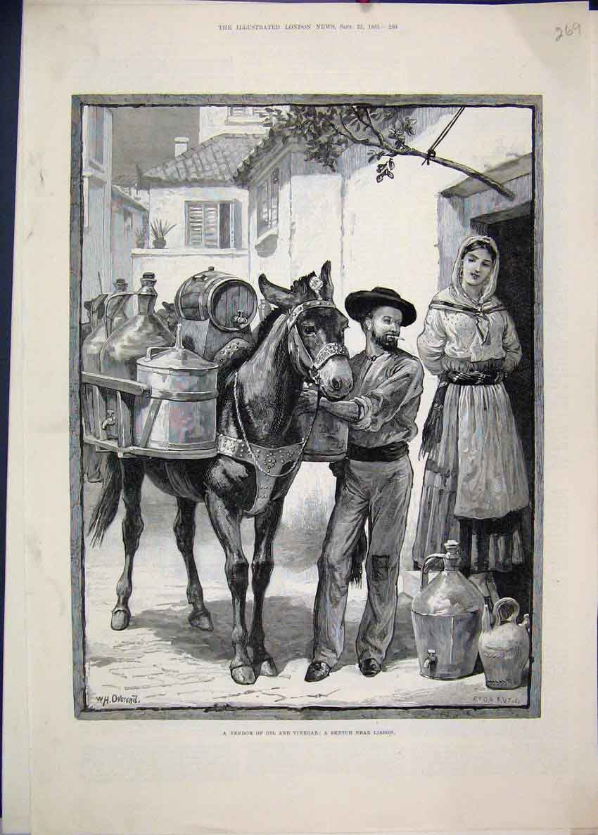 Original Old Antique Print 1883 Vendor Oil Vinegar Donkey Lisbon Portugal Sketch