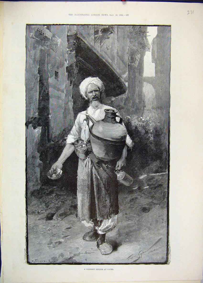 Original Old Antique Print 1884 Sherbert Seller Cairo Egypt Fine Art Victorian