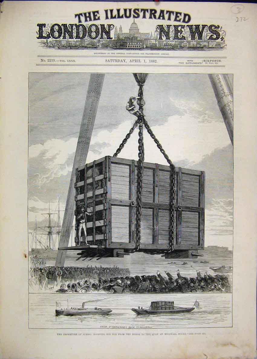 Original Old Antique Print 1882 Jumbo Hoisting Box Barge Quay Millwall Docks