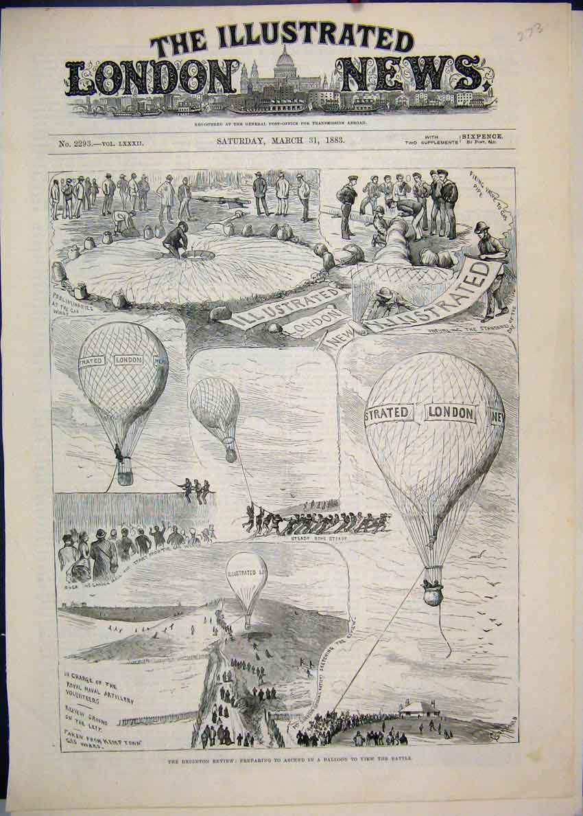 Original Old Antique Print 1883 Brighton Review Balloon Battle 19th
