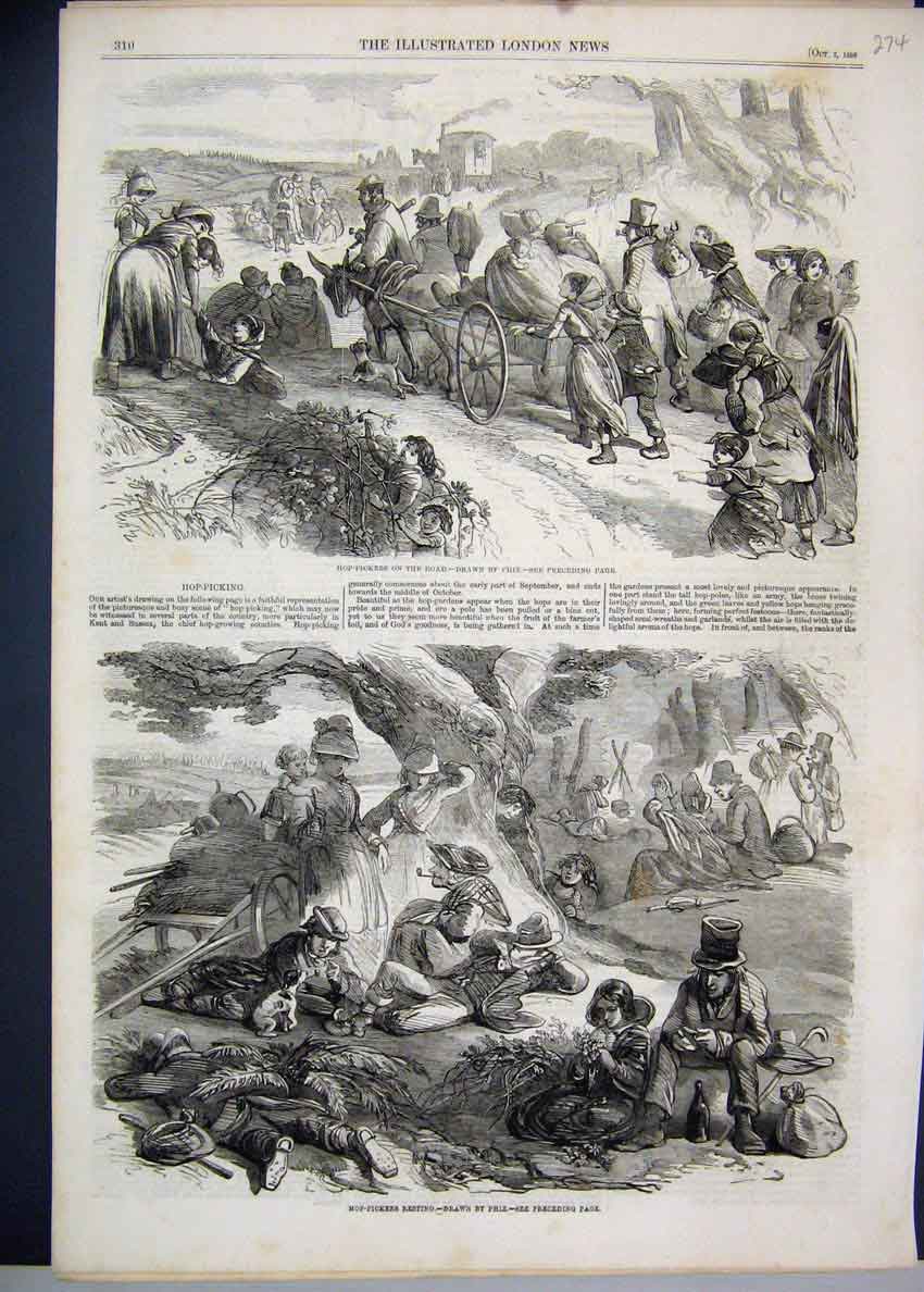 Original Old Antique Print 1858 Hop Pickers Resting Road Working 19th