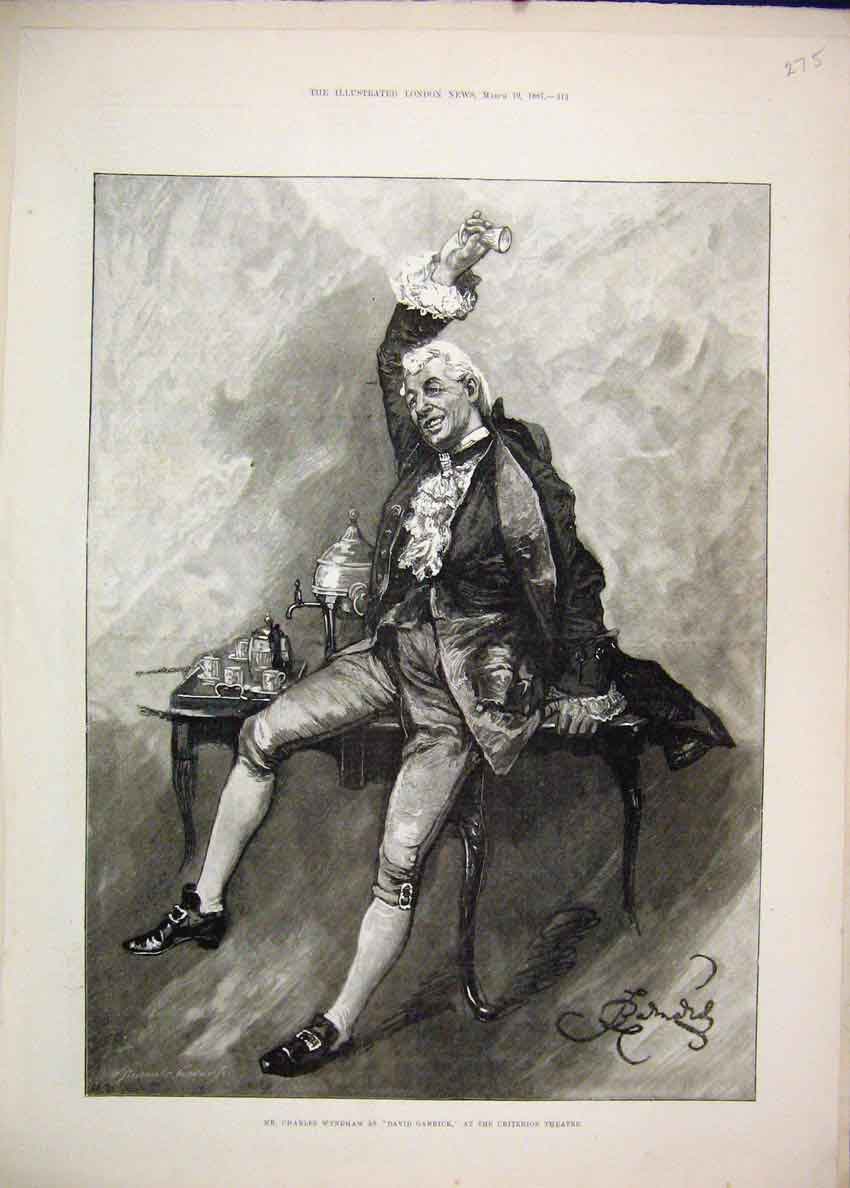 Original Old Antique Print 1887 Charles Wyndham David Garrick Criterion Theatre