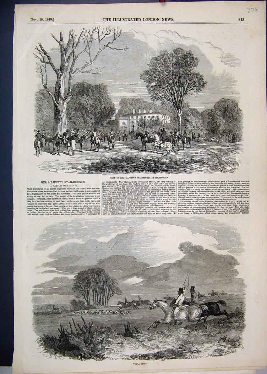 Original Old Antique Print 1848 Queens Staghounds Hillingdon Horses Victorian