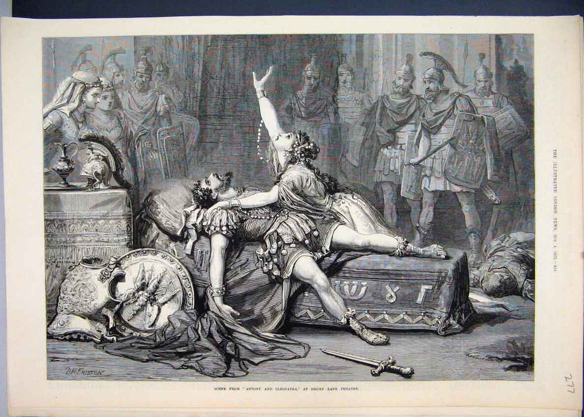 Original Old Antique Print 1873 Antony Cleopatra Drury Lane Theatre Victorian