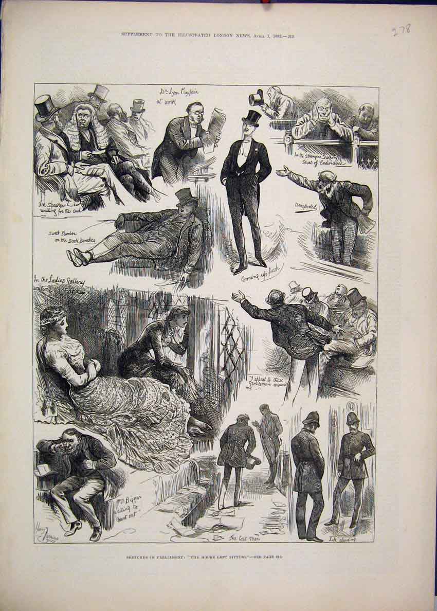 Original Old Antique Print 1882 Parliament House Left Sitting Gallery Sketches