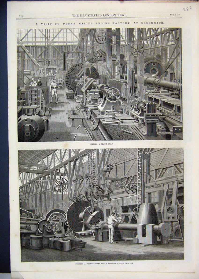 Old Antique Print 1865 Penn Marine Engine Factory Paddle Shaft Crank Axle 19th
