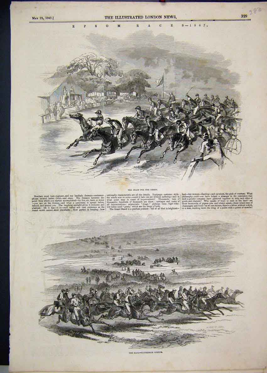 Original Old Antique Print 1847 Epsom Races Derby Tattenham Corner Horses 19th