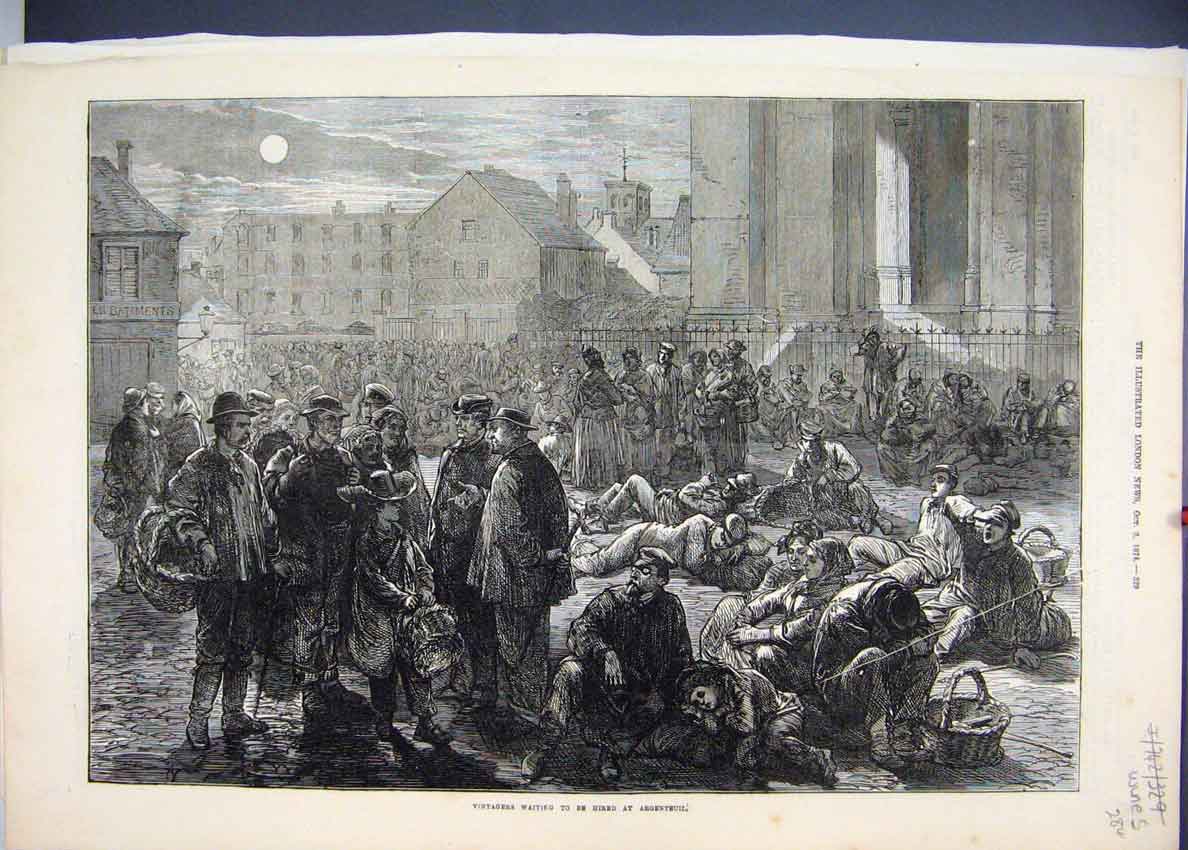 Original Old Antique Print 1874 Wine R Argentruil Men Waiting 19th