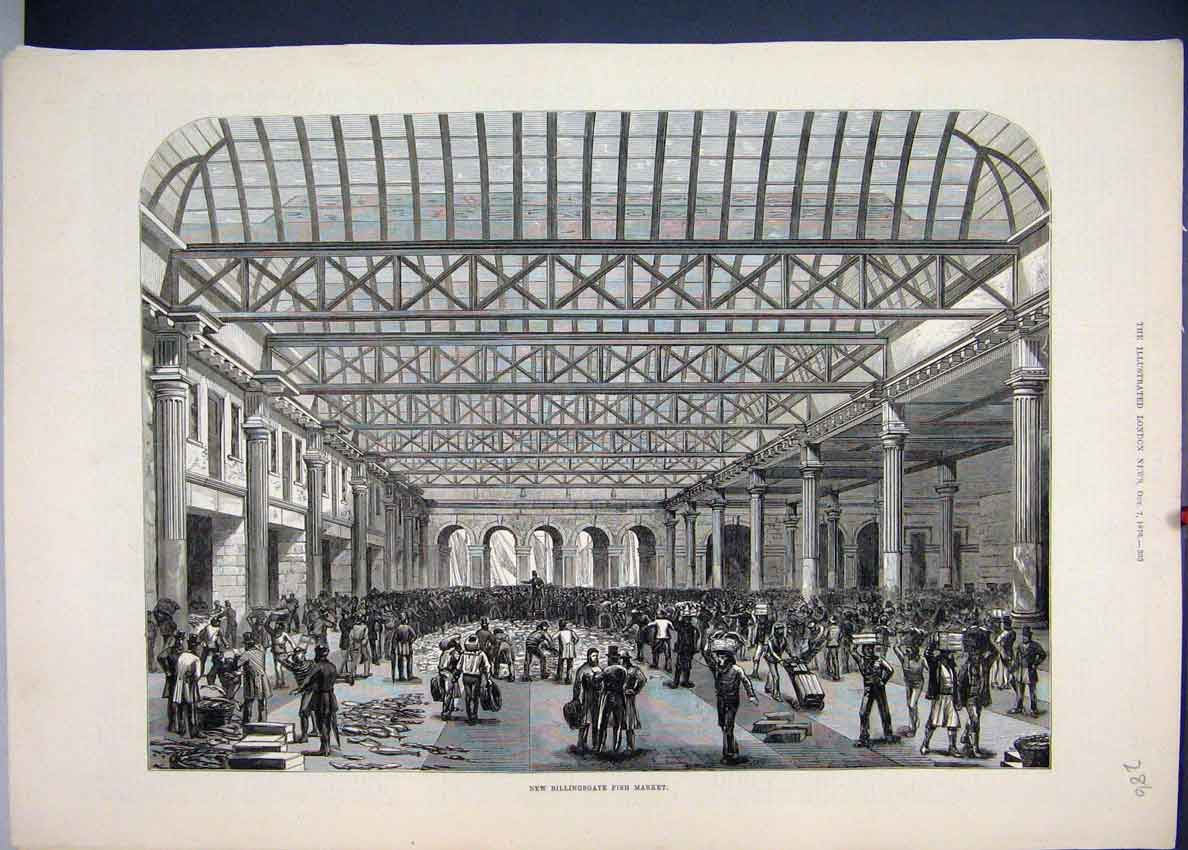 Original Old Antique Print 1876 Billingsgate Fish Market Building 19th