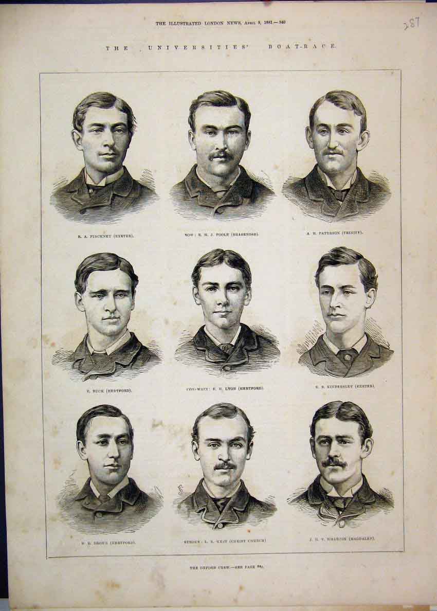 Original Old Antique Print 1881 University Boat Race Oxford Crew 19th