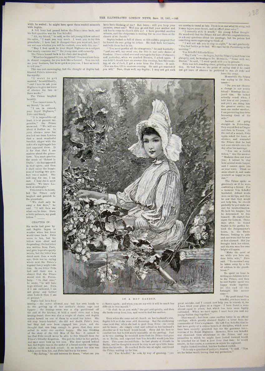 Original Old Antique Print 1891 Woman Hop Garden Country Scene 19th