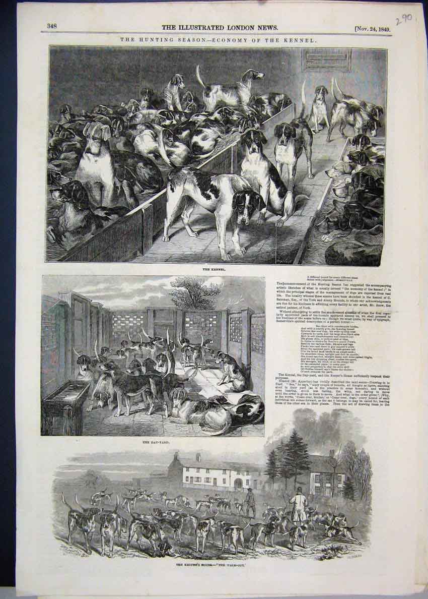 Original Old Antique Print 1849 Hunting Season Kennel Yard Keepers House Dog
