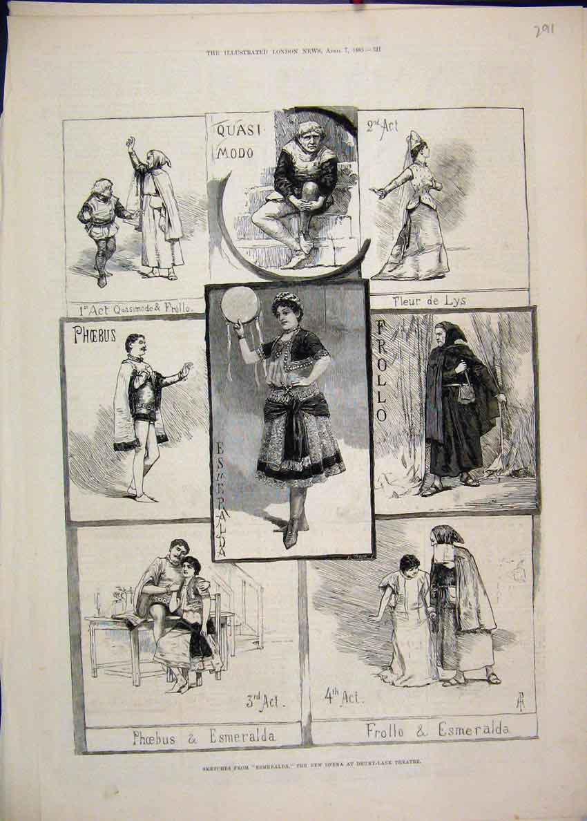 Old Antique Print 1883 Esmerelda Opera Drury Lane Theatre Phoebus Sketch 19th