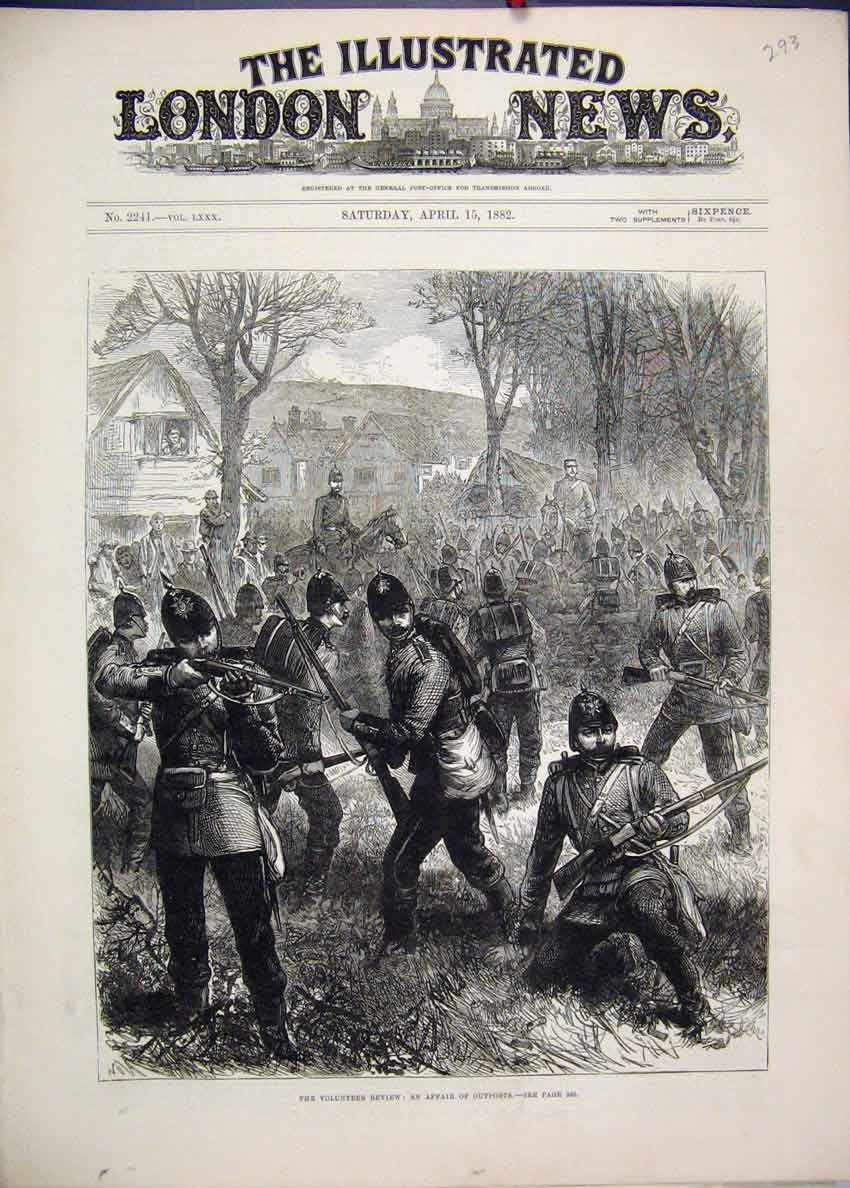 Original Old Antique Print 1882 Volunteer Review Outposts Siers Horse Victorian
