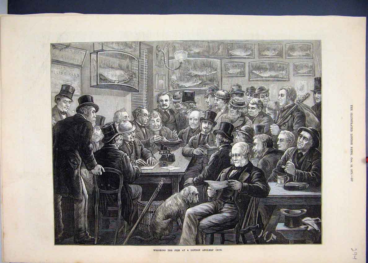 Original Old Antique Print 1873 Weighing Fish London Angler Club Men Dog 19th