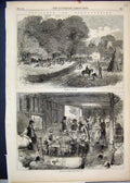 Original Old Antique Print 1867 Hop Gathering Paying Pickers Dog Horse Victorian