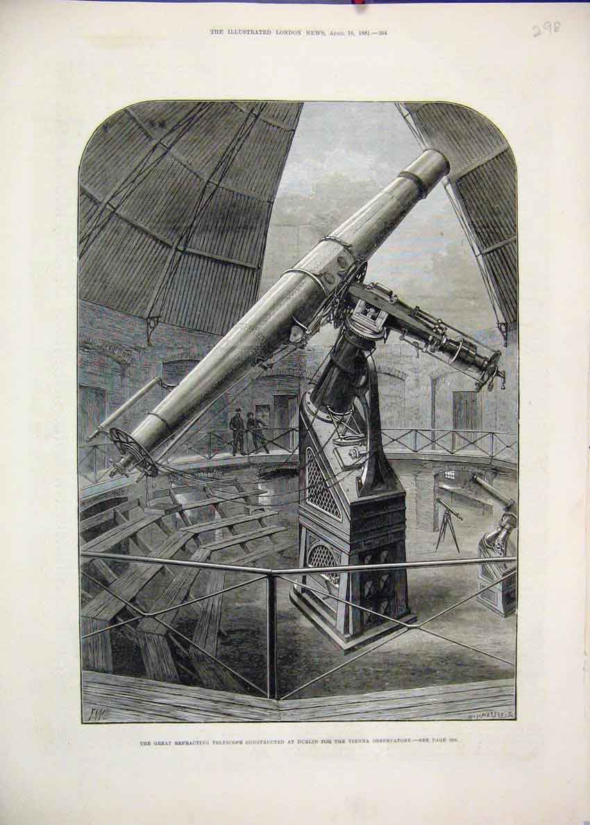 Original Old Antique Print 1881 Refracting Telescope Dublin Vienna Observatory