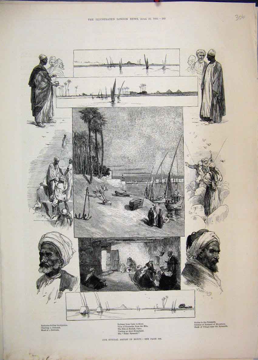 Original Old Antique Print 1882 Egypt Railway Cairo Siout Pyramid Bedouin Sketch