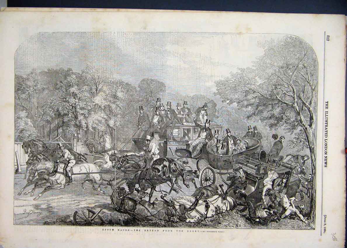 Original Old Antique Print 1854 Epsom Races Derby Crash Carriages Horses 19th