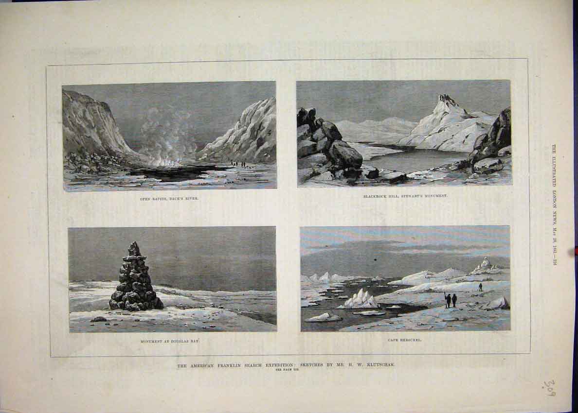 Old Antique Print 1881 American Franklin Rapids Back River Cape Herschel 19th