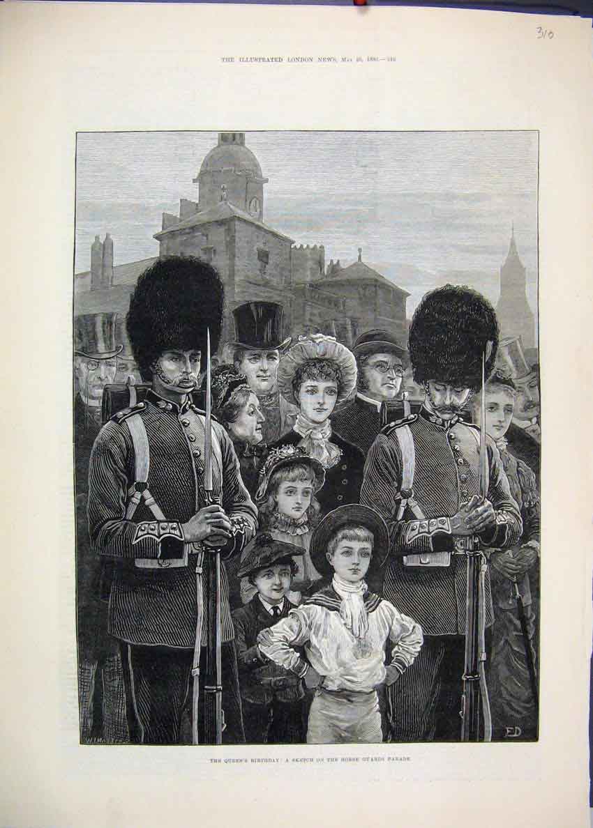 Original Old Antique Print 1883 Queens Birthday Horse Guard Parade Siers Sketch