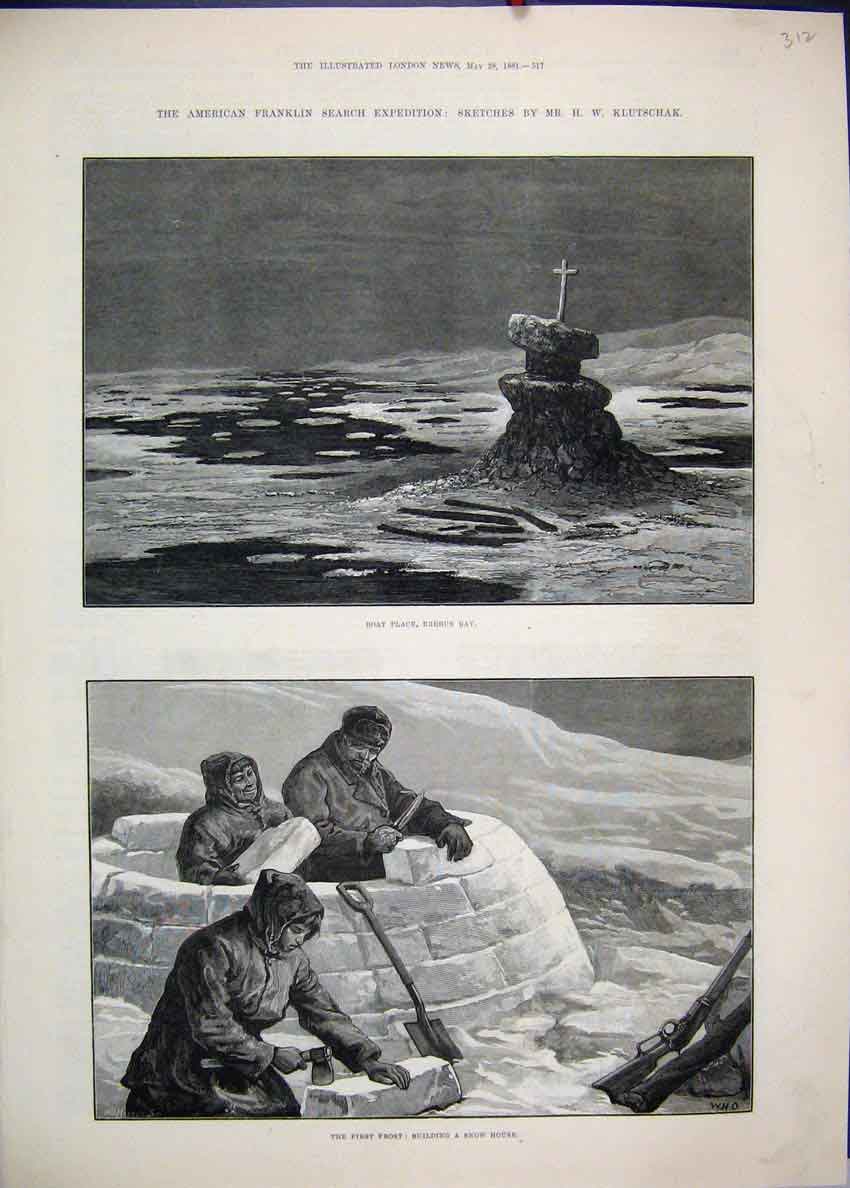 Old Antique Print 1881 American Franklin Boat Place Erebus Bay Snow House 19th