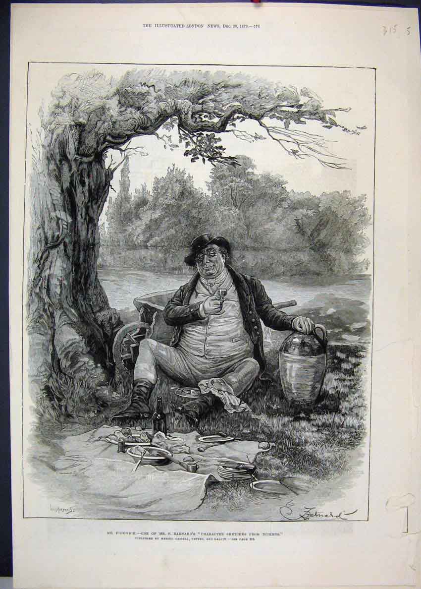Original Old Antique Print 1879 Mr Pickwick Dickens Picnic Countrey Scene Sketch