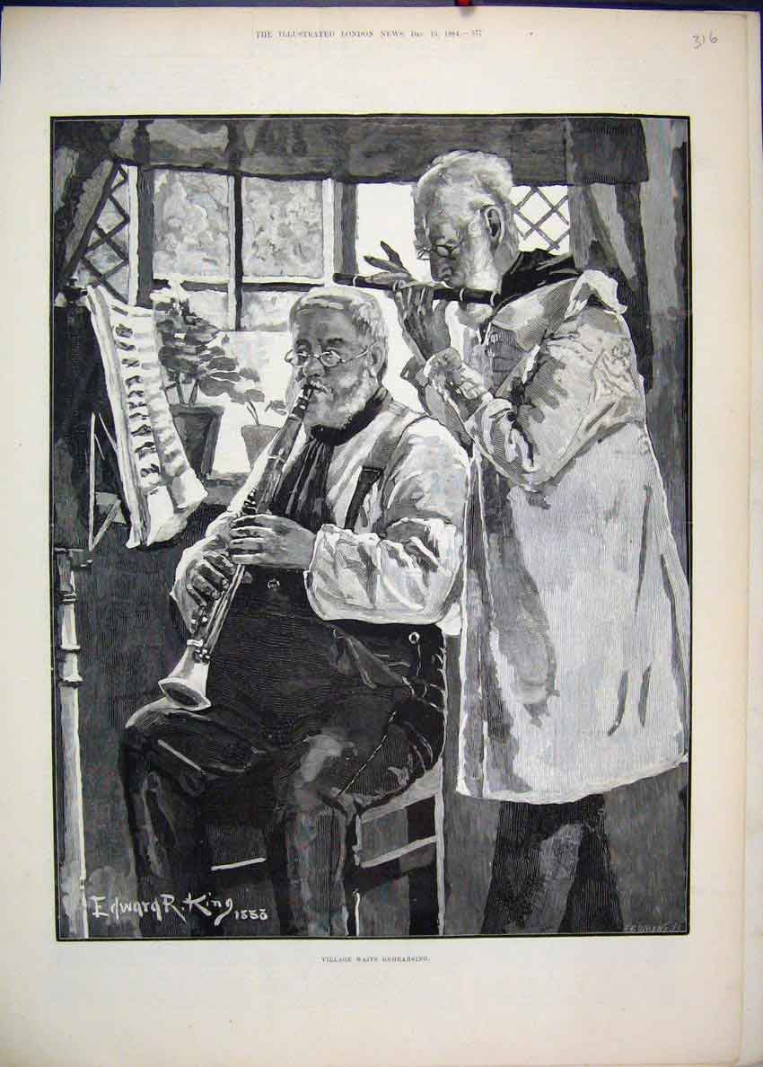 Original Old Antique Print 1884 Village Waits Rehearsing Music Men Victorian