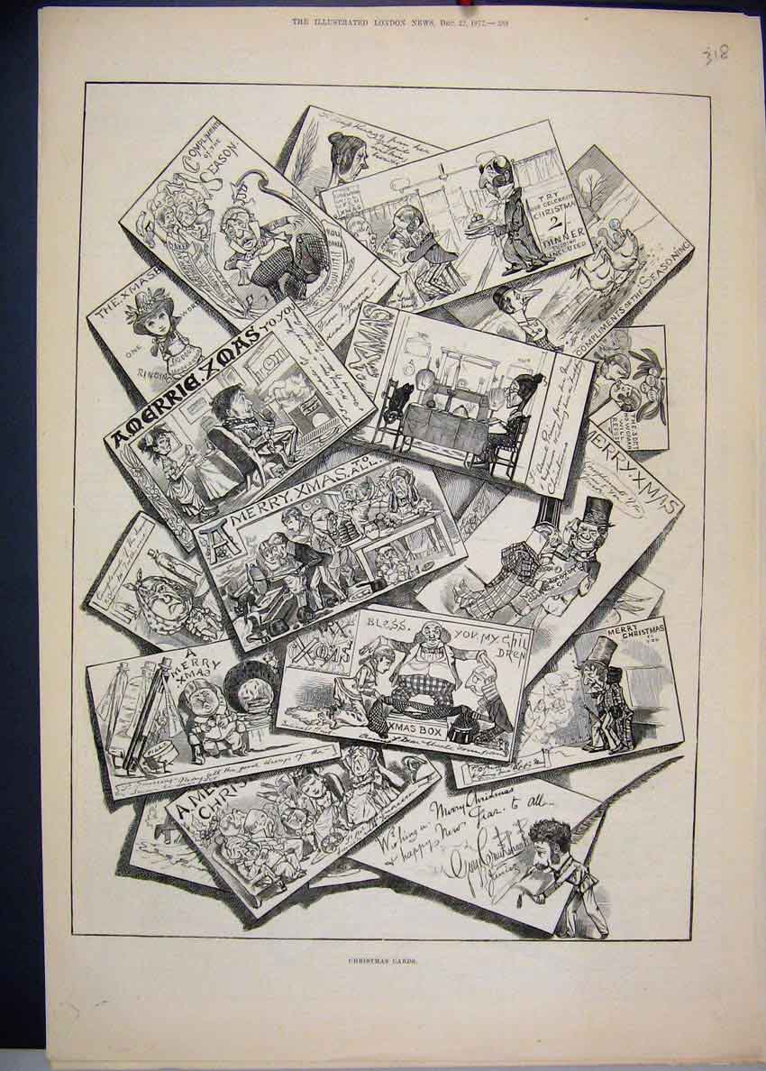 Original Old Antique Print 1877 Christmas Cards Pictures 19th Century