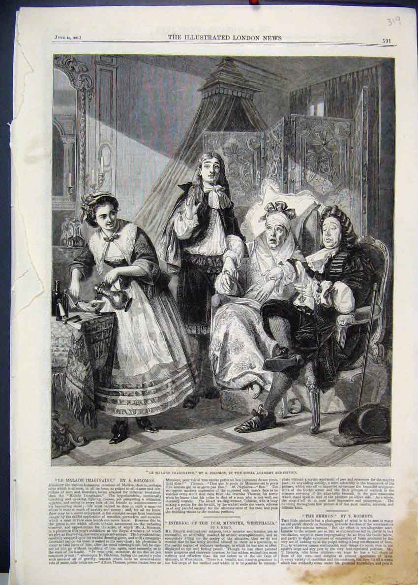 Original Old Antique Print 1861 Malade Imaginaire Royal Academy 19th