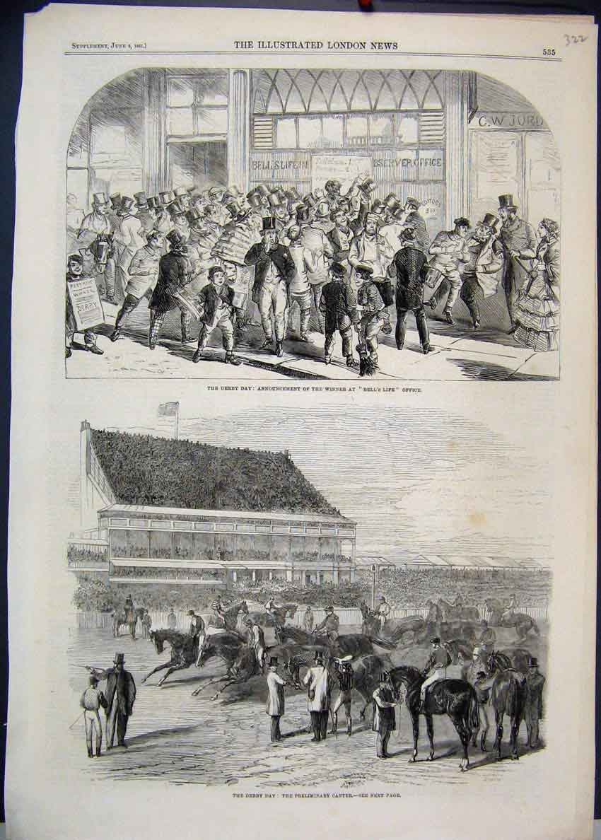 Original Old Antique Print 1861 Derby Racecourse Winner Bells Life Office 19th