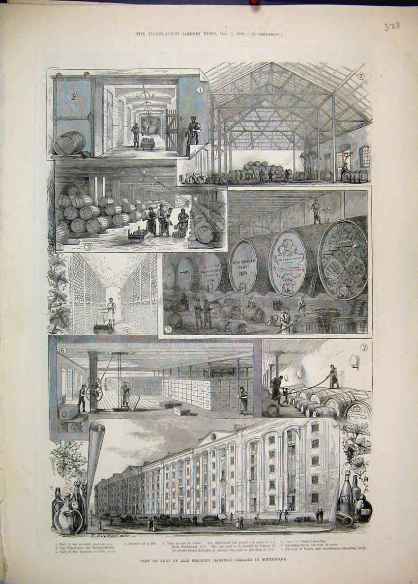 Original Old Antique Print 1882 Max Greger Cellars Southwark Casks Vats 19th