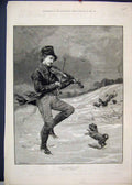Original Old Antique Print 1880 Man Snow Violin Dog Sheep Dancing 19th