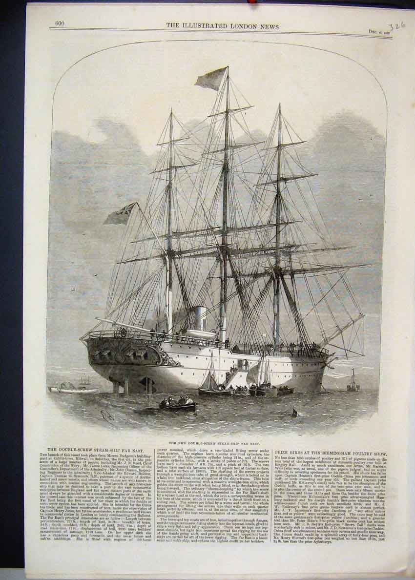 Original Old Antique Print 1863 Double Screw Steam Ship Far East 19th