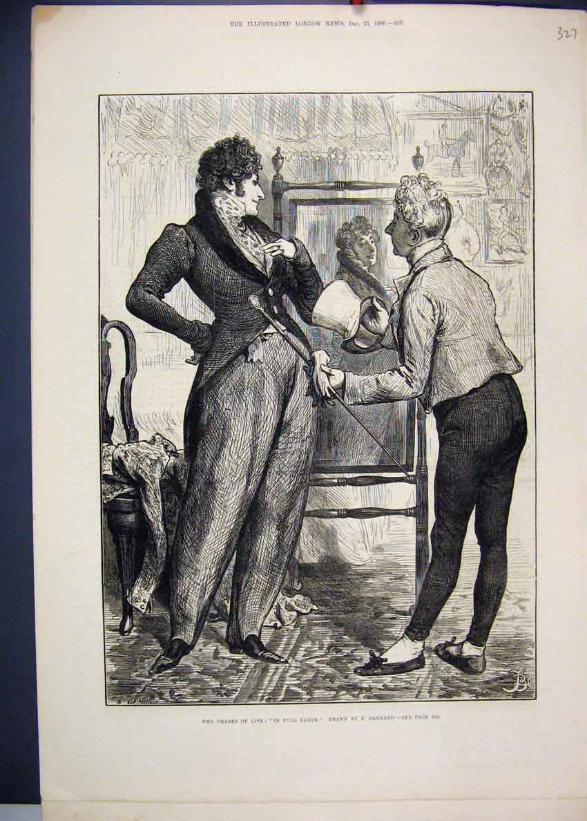 Original Old Antique Print 1880 Two Phases Life Full Bloom Barnard Men Mirror