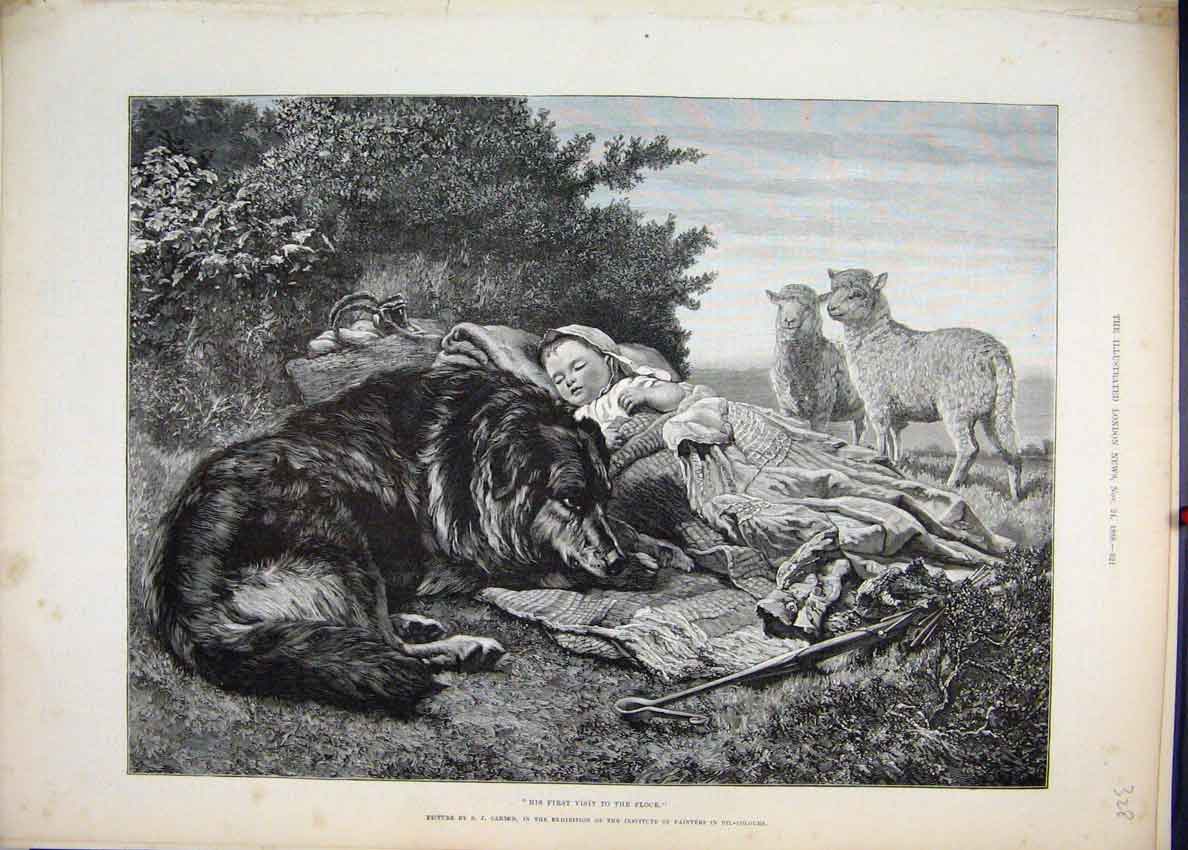 Original Old Antique Print 1888 Little Girl Sleeping Dog Lambs Country Scene