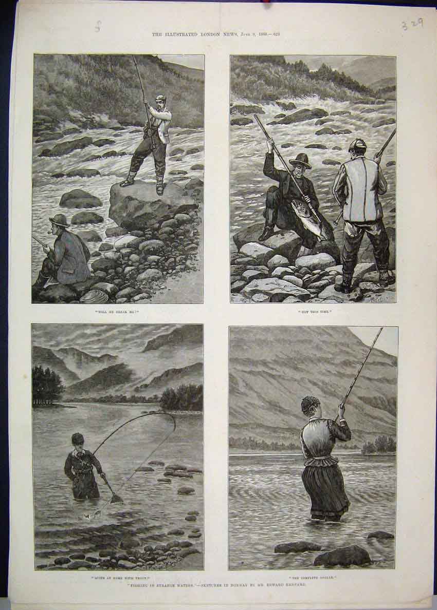 Original Old Antique Print 1888 Fishing Trout Norway Edward Kennard Sketches